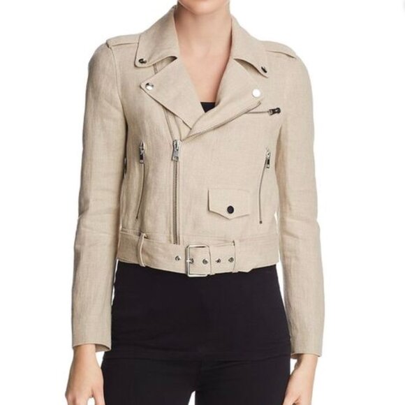 THEORY Women’s Linen Belted Shrunken Motorcycle Jacket - Beige. Size: XS - Picture 2 of 9